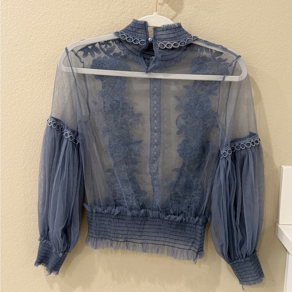 Sheer Floral Embroidered Mock Neck Top - Blue - Picture 2 of 2